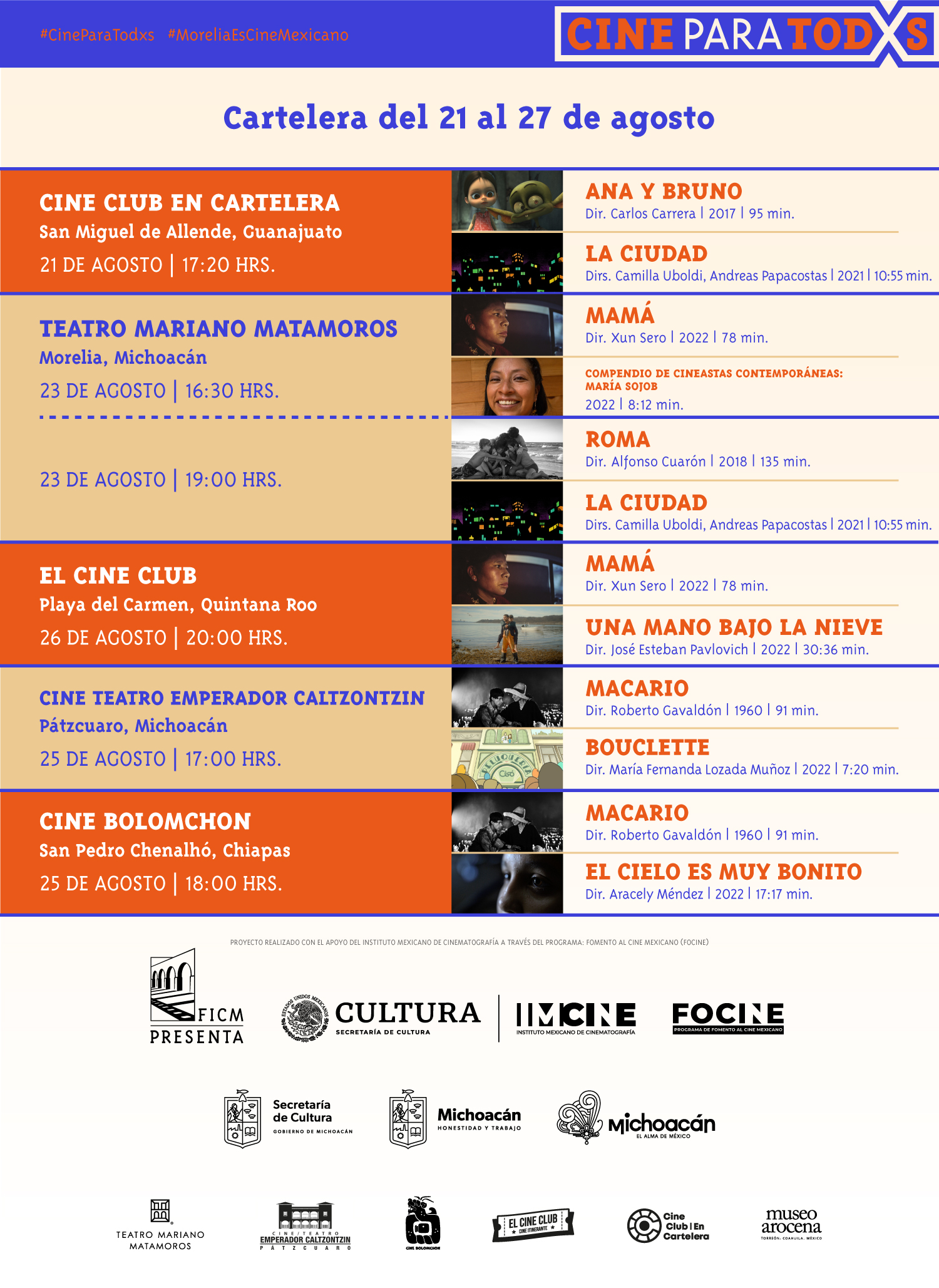 Cartelera 21-27 de agosto Cine para todxs 2023