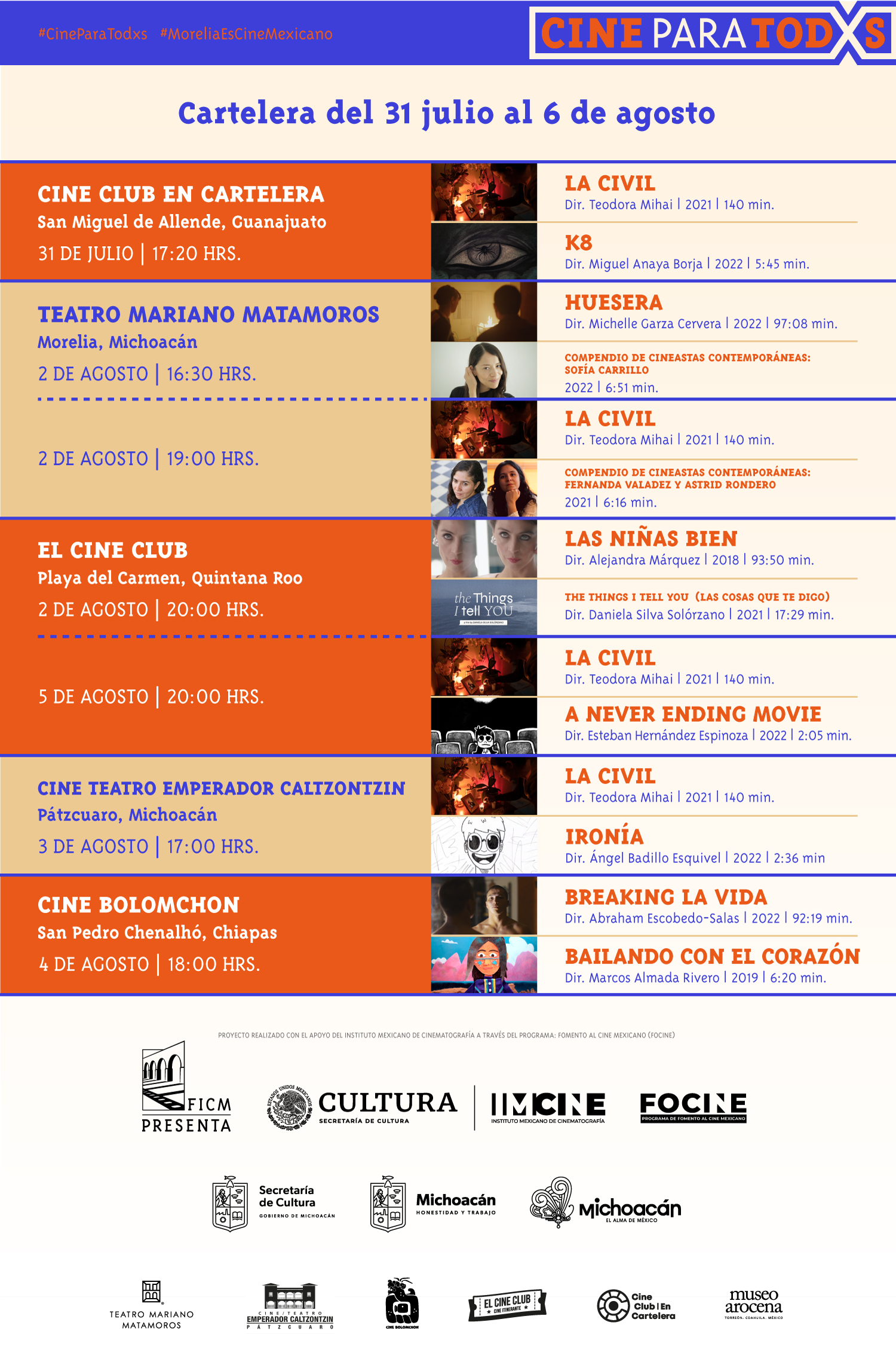 Cartelera Cine para todxs 2023 julio-agosto