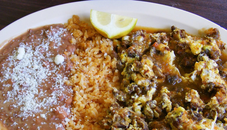 Fried beans, rice and aporreadillo. Image from the blog Street LA Gourmet. 